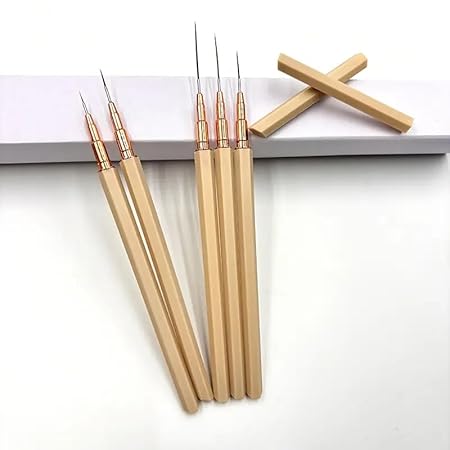 GV239 THR3E STROKES 5Pcs Nail Art Liner Brushes,Liner Brush For Nails Gel,Thin Liner Nail Brush Set,Nail Art Striping Brushes,Painting Art Design Pen For Long Lines, Thin Details, Fine Drawing Sizes 5/8/12/20/25mm (HEXAGON BROWN)