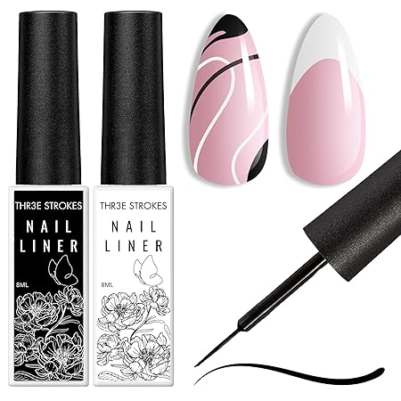 GV243 THR3E STROKES Gel Nail Polish Liner Set 8ML, 2 Color Nail Art Winter French Polish White Black for French Tip Swirl Draw Nail Soak Off UV Curing Built Thin Brush Manicure Set For Salon DIY