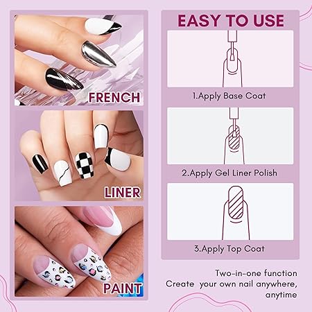 GV243 THR3E STROKES Gel Nail Polish Liner Set 8ML, 2 Color Nail Art Winter French Polish White Black for French Tip Swirl Draw Nail Soak Off UV Curing Built Thin Brush Manicure Set For Salon DIY