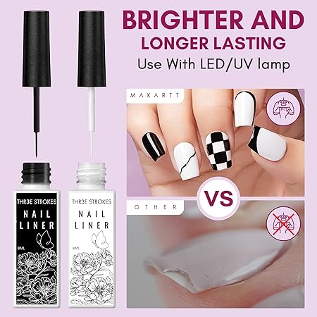 GV243 THR3E STROKES Gel Nail Polish Liner Set 8ML, 2 Color Nail Art Winter French Polish White Black for French Tip Swirl Draw Nail Soak Off UV Curing Built Thin Brush Manicure Set For Salon DIY