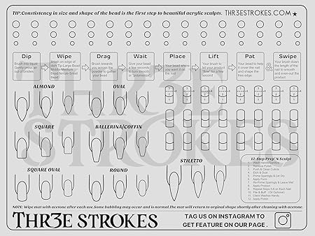 GV244 THR3E STROKES Silicone Training Mat for Perfect Acrylic Nail Application Non Slip, Reusable & Professional Nail Art Tool