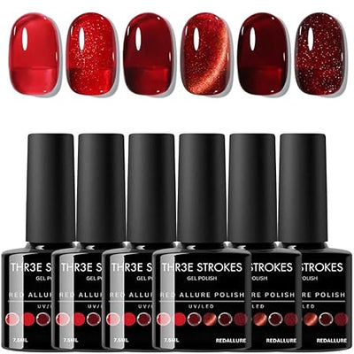 GV248 THR3E STROKES Gel Nail Polish 9D Cat Eye Gel Nail Polish, Magnetic Cat Eye Gel Polish Set, 7ml*6 with , Classic Colors Chameleon Magic Galaxy Effect Soak off Nail Art, Sparkle Stunning Gel Polish Gift for Women (RED ALLURE, 7.5ML)