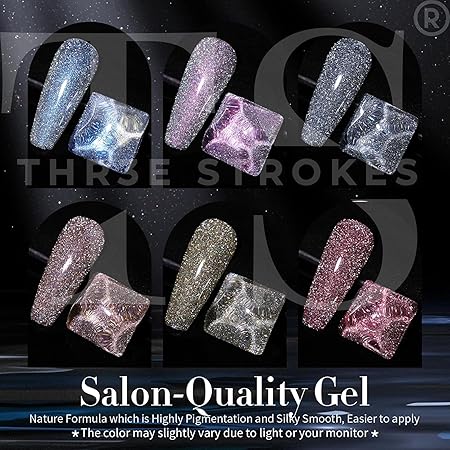 GV249 THR3E STROKES Reflective Glitter Gel Nail Polish Set, 6 Colors Including Pink Red Silver Holographic Gel Kit UV LED Soak Off Nail Polish Home DIY Manicure Salon Varnish (DISCOPAL)