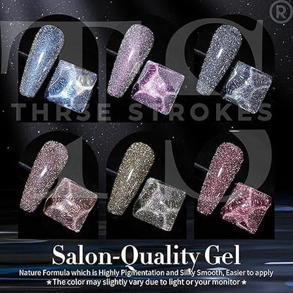 GV249 THR3E STROKES Reflective Glitter Gel Nail Polish Set, 6 Colors Including Pink Red Silver Holographic Gel Kit UV LED Soak Off Nail Polish Home DIY Manicure Salon Varnish (DISCOPAL)