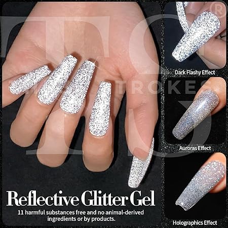 GV249 THR3E STROKES Reflective Glitter Gel Nail Polish Set, 6 Colors Including Pink Red Silver Holographic Gel Kit UV LED Soak Off Nail Polish Home DIY Manicure Salon Varnish (DISCOPAL)