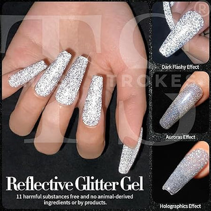 GV249 THR3E STROKES Reflective Glitter Gel Nail Polish Set, 6 Colors Including Pink Red Silver Holographic Gel Kit UV LED Soak Off Nail Polish Home DIY Manicure Salon Varnish (DISCOPAL)