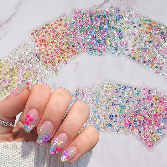 GV257 THR3E STROKES 30 Sheets Flowers Nail Art Stickers Decals 3D Self-Adhesive Colorful Flower Rose Daisy Cherry Blossoms Nail Stickers Design Flowers Nail Art Supplies Charms for Nail Art Tips (D19)
