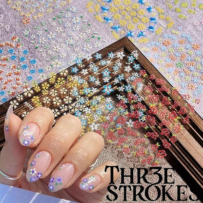 GV257 THR3E STROKES 30 Sheets Flowers Nail Art Stickers Decals 3D Self-Adhesive Colorful Flower Rose Daisy Cherry Blossoms Nail Stickers Design Flowers Nail Art Supplies Charms for Nail Art Tips (D19)