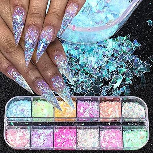 GV258 THR3E STROKES Mermaid Flake Nail Glitter Sequins, Iridescent Ice Slag Nail Glitter Colorful Fluorescent Glass Paper Nail Sticker Holographic Nail Glitter for Make Up DIY Nail Decoration (D28)
