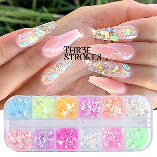 GV258 THR3E STROKES Mermaid Flake Nail Glitter Sequins, Iridescent Ice Slag Nail Glitter Colorful Fluorescent Glass Paper Nail Sticker Holographic Nail Glitter for Make Up DIY Nail Decoration (D28)