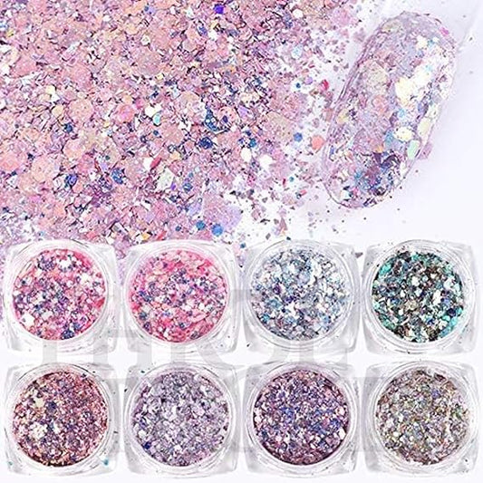 GV259 THR3E STROKES Holographic Nail Glitter Mermaid Powder, 8 Boxes/Set, Hexagon Flakes, Shiny Charms, Nail Art Pigment Dust Decoration, Manicure (D29)