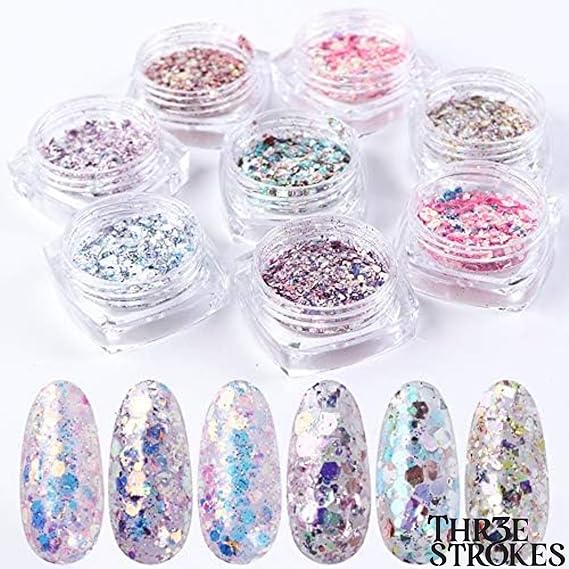GV259 THR3E STROKES Holographic Nail Glitter Mermaid Powder, 8 Boxes/Set, Hexagon Flakes, Shiny Charms, Nail Art Pigment Dust Decoration, Manicure (D29)