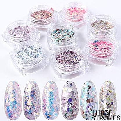 GV259 THR3E STROKES Holographic Nail Glitter Mermaid Powder, 8 Boxes/Set, Hexagon Flakes, Shiny Charms, Nail Art Pigment Dust Decoration, Manicure (D29)
