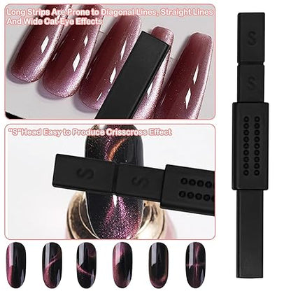 GV260 THR3E STROKES 4Pcs Cat Eye Magnet for Nails, Nail Magnets Cat eye Magnet for Nails Art, Double-Head Nail Magnetic Cat Eye Gel Nail Polish Magnet Wand Strong Suction Board Nail Manicure Tool Set for Salon DIY Home (4 PCS BIG SET)