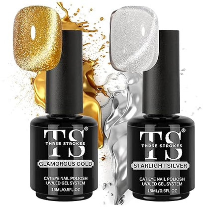 GV261 THR3E STROKES Silver and Gold Smoothie Cat Magnetic Gel Polish - 9D Cateye With Magnet Stick for Salon Manicure and Nail Art DIY at Home - 30 ML