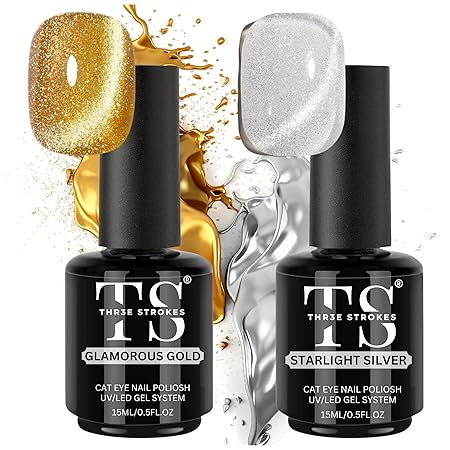 GV261 THR3E STROKES Silver and Gold Smoothie Cat Magnetic Gel Polish - 9D Cateye With Magnet Stick for Salon Manicure and Nail Art DIY at Home - 30 ML