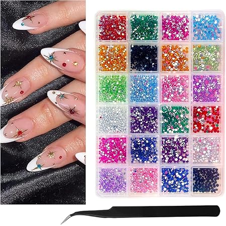 GV263 THR3E STROKES Nail Art Kit, Nail Art Rhinestone, Double Ended Nail Tweezers, Versatile Crystal Gems for Design, Makeup, DIY Crafts, Clothing and Phone Embellishments(24 Grids, Colored Diamonds)
