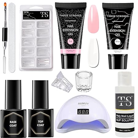 GV264 THR3E STROKES Polygel Nail Extension Kit, Glossy Finish, 30 ml Each (White, Pink) (RE867)