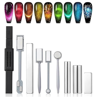 GV266 THR3E STROKES Cat Eye Magnetic Nail Art Set, 9 Pieces, Double-Ended Magnet Tools with Square and Round Tips