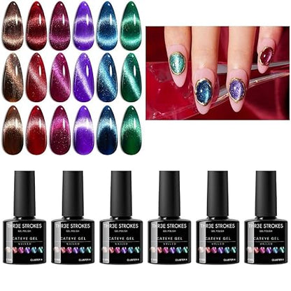 GV267 THR3E STROKES Gel Nail Polish Cat Eye Winter Gel Nail Polish Set 6 Colors, Glitter Red Shiny Brown Burgundy Purple Blue Green Magnetic Effect Sparkle Stunning Nail Gel Polish Gifts for Women  7ML (UV/LED LIGHT REQUIRED) (CLUSTER X, )