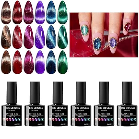 GV267 THR3E STROKES Gel Nail Polish Cat Eye Winter Gel Nail Polish Set 6 Colors, Glitter Red Shiny Brown Burgundy Purple Blue Green Magnetic Effect Sparkle Stunning Nail Gel Polish Gifts for Women  7ML (UV/LED LIGHT REQUIRED) (CLUSTER X, )