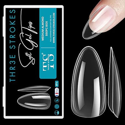 GV268 THR3E STROKES Soft Gel Nail Tips, Full Cover Clear Soft NailTips for Artificial False Nails Extension Nail Salons DIY NailArt with Box, 550PCS (MEDIUM ALMOND P4)