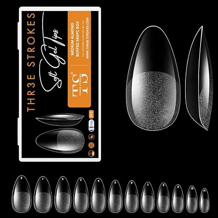 GV269 THR3E STROKES Soft Gel NailTips, Full Cover Clear Soft Nail Tips for Artificial False Nails Extension Nail Salons DIY NailArt with Box, 550PCS (MEDIUM ALMOND P8)
