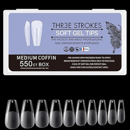 GV270 THR3E STROKES Soft Gel NailTips, Full Cover Clear Soft NailTips for Artificial False Nails Extension Nail Salons DIY NailArt with Box, 550PCS (MEDIUM COFFIN N14)