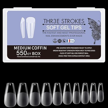GV270 THR3E STROKES Soft Gel NailTips, Full Cover Clear Soft NailTips for Artificial False Nails Extension Nail Salons DIY NailArt with Box, 550PCS (MEDIUM COFFIN N14)
