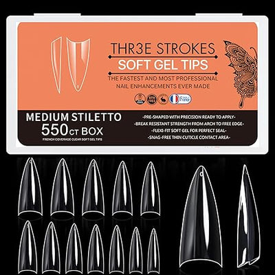 GV271 THR3E STROKES Soft GelNail Tips, Full Cover Clear Soft Nail Tips for Artificial FalseNails Extension Nail Salons DIY NailArt with Box, 550PCS (MEDIUM STILETTO N17)