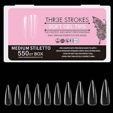 GV272 THR3E STROKES Soft Gel NailTips, Full Cover Clear Soft Nail Tips for Artificial FalseNails Extension Nail Salons DIY NailArt with Box, 550PCS (MEDIUM STILETTO N9)