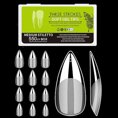 GV273 THR3E STROKES Soft GelNail Tips, Full Cover Clear Soft NailTips for Artificial False Nails Extension Nail Salons DIY NailArt with Box, 550PCS (MEDIUM STILLETO N20)