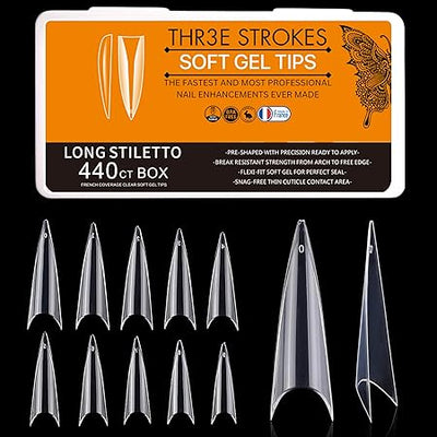 GV274 THR3E STROKES Soft Gel NailTips, Full Cover Clear Soft Nail Tips for Artificial False Nails Extension Nail Salons DIY NailArt with Box, 440PCS (LONG STILETTO N2)