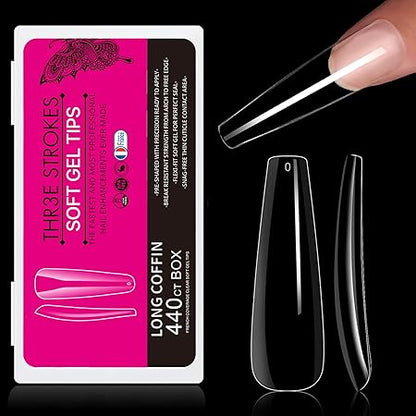 GV275 THR3E STROKES Soft Gel NailTips, Full Cover Clear Soft NailTips for Artificial False Nails Extension Nail Salons DIY NailArt with Box, 440PCS (LONG COFFIN N5)