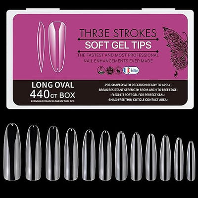 GV276 THR3E STROKES Soft Gel NailTips, Full Cover Clear Soft Nail Tips for Artificial False Nails Extension Nail Salons DIY NailArt with Box, 440PCS (LONG OVAL N8)