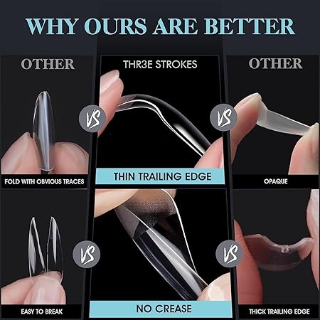 GV276 THR3E STROKES Soft Gel NailTips, Full Cover Clear Soft Nail Tips for Artificial False Nails Extension Nail Salons DIY NailArt with Box, 440PCS (LONG OVAL N8)
