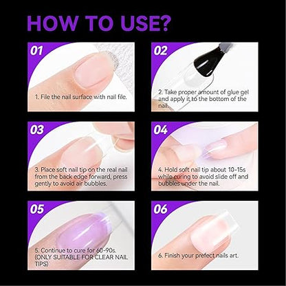 GV277 THR3E STROKES Soft Gel NailTips, Full Cover Clear Soft NailTips for Artificial False Nails Extension Nail Salons DIY Nail Art with Box, 550PCS (SHORT SQUARE P9)