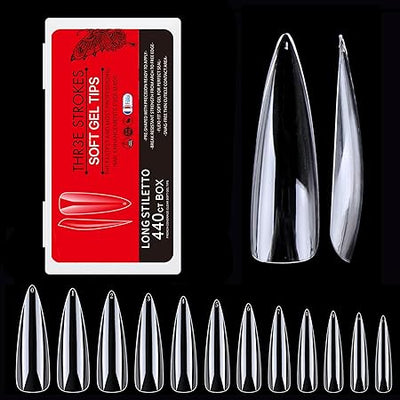 GV278 THR3E STROKES Soft Gel NailTips, Full Cover Clear Soft Nail Tips for Artificial FalseNails Extension Nail Salons DIY NailArt with Box, 440PCS (LONG STILETTO N11)