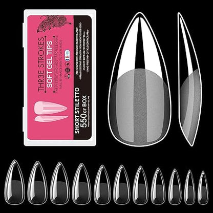 GV279 THR3E STROKES Soft Gel NailTips, Full Cover Clear Soft Nail Tips for Artificial False Nails Extension Nail Salons DIY NailArt with Box, 550PCS (SHORT STILETTO N13)