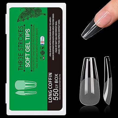 GV280 THR3E STROKES Soft Gel NailTips, Full Cover Clear Soft Nail Tips for Artificial False Nails Extension Nail Salons DIY NailArt with Box, 550PCS (LONG COFFIN P6)
