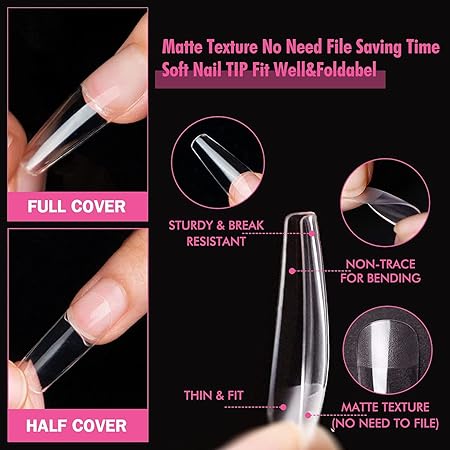 GV280 THR3E STROKES Soft Gel NailTips, Full Cover Clear Soft Nail Tips for Artificial False Nails Extension Nail Salons DIY NailArt with Box, 550PCS (LONG COFFIN P6)