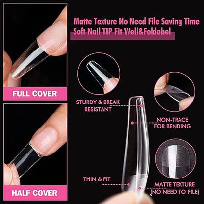 GV280 THR3E STROKES Soft Gel NailTips, Full Cover Clear Soft Nail Tips for Artificial False Nails Extension Nail Salons DIY NailArt with Box, 550PCS (LONG COFFIN P6)
