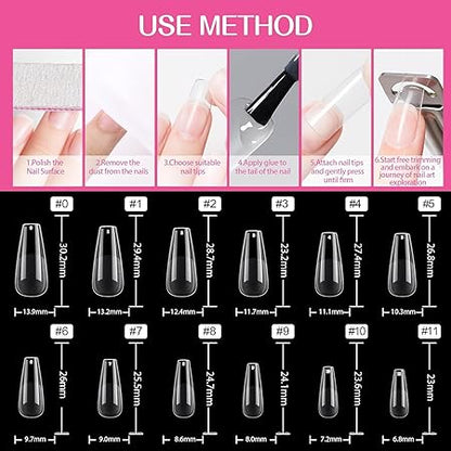 GV280 THR3E STROKES Soft Gel NailTips, Full Cover Clear Soft Nail Tips for Artificial False Nails Extension Nail Salons DIY NailArt with Box, 550PCS (LONG COFFIN P6)