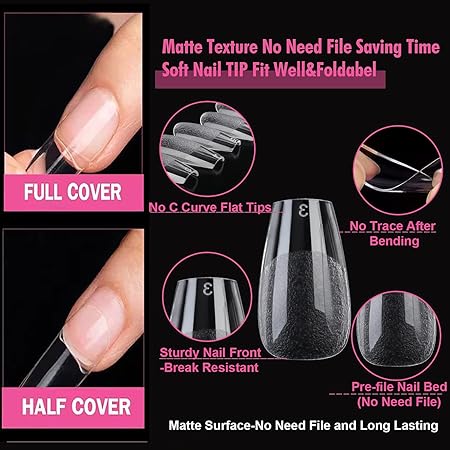 GV281 THR3E STROKES Soft Gel NailTips, Full Cover Clear Soft NailTips for Artificial False Nails Extension Nail Salons DIY NailArt with Box, 550PCS (SHORT COFFIN N22)