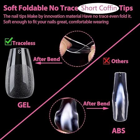 GV281 THR3E STROKES Soft Gel NailTips, Full Cover Clear Soft NailTips for Artificial False Nails Extension Nail Salons DIY NailArt with Box, 550PCS (SHORT COFFIN N22)