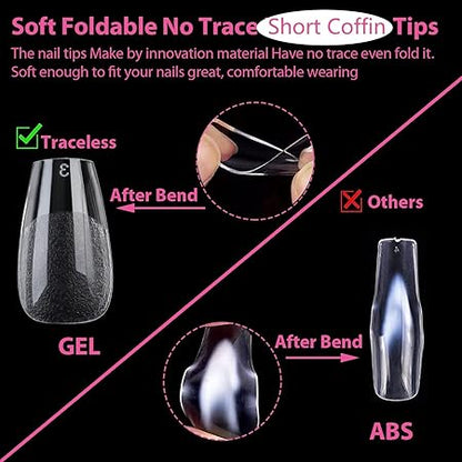 GV281 THR3E STROKES Soft Gel NailTips, Full Cover Clear Soft NailTips for Artificial False Nails Extension Nail Salons DIY NailArt with Box, 550PCS (SHORT COFFIN N22)