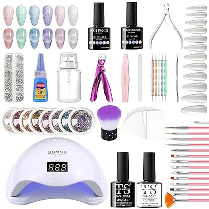 GV286 THR3E STROKES Moonstone Nail Extension Kit - 6 Gel Polishes (7.5ml) | 48V UV Nail Lamp | 500 Stiletto Nail Tips & Rhinestones | Professional Nail Art Tools | Base & Top Coat | DIY & Salon Use (MOONSTONE KIT) (ASTEROID N54)