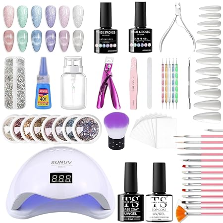 GV286 THR3E STROKES Moonstone Nail Extension Kit - 6 Gel Polishes (7.5ml) | 48V UV Nail Lamp | 500 Stiletto Nail Tips & Rhinestones | Professional Nail Art Tools | Base & Top Coat | DIY & Salon Use (MOONSTONE KIT) (ASTEROID N54)
