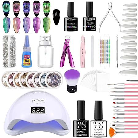 GV287 THR3E STROKES Moonstone Nail Extension Kit - 6 Gel Polishes (7.5ml) | 48V UV Nail Lamp | 500 Stiletto Nail Tips & Rhinestones | Professional Nail Art Tools | Base & Top Coat | DIY & Salon Use (MOONSTONE KIT) (COMET 69)
