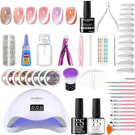 GV288 THR3E STROKES Moonstone Nail Extension Kit - 6 Gel Polishes (7.5ml) | 48V UV Nail Lamp | 500 Stiletto Nail Tips & Rhinestones | Professional Nail Art Tools | Base & Top Coat | DIY & Salon Use (MOONSTONE KIT) (MILKYWAY76)